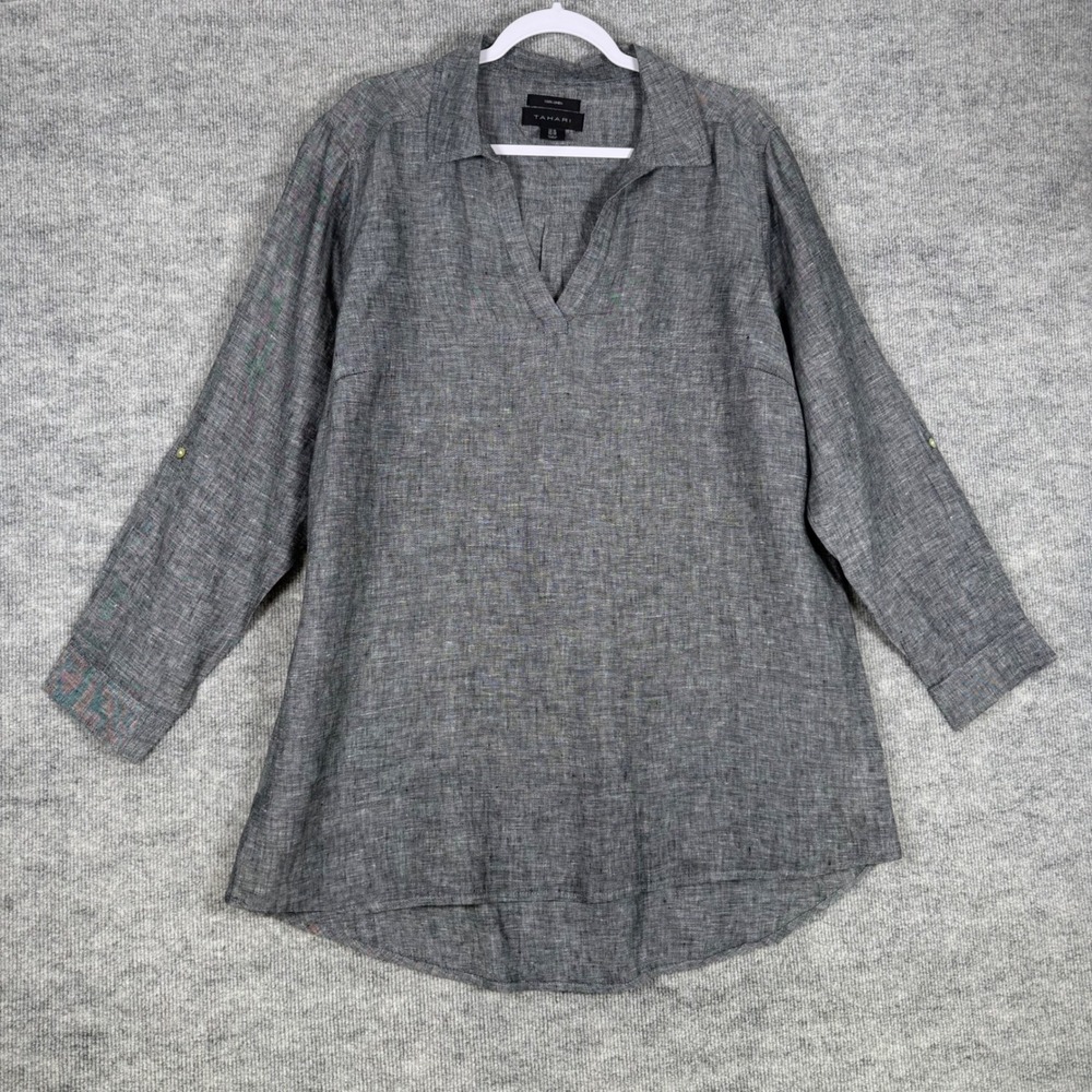 Tahari Size-1X Womens Gray 100% Linen Roll Tab Sleeve V-Neck Tunic Top